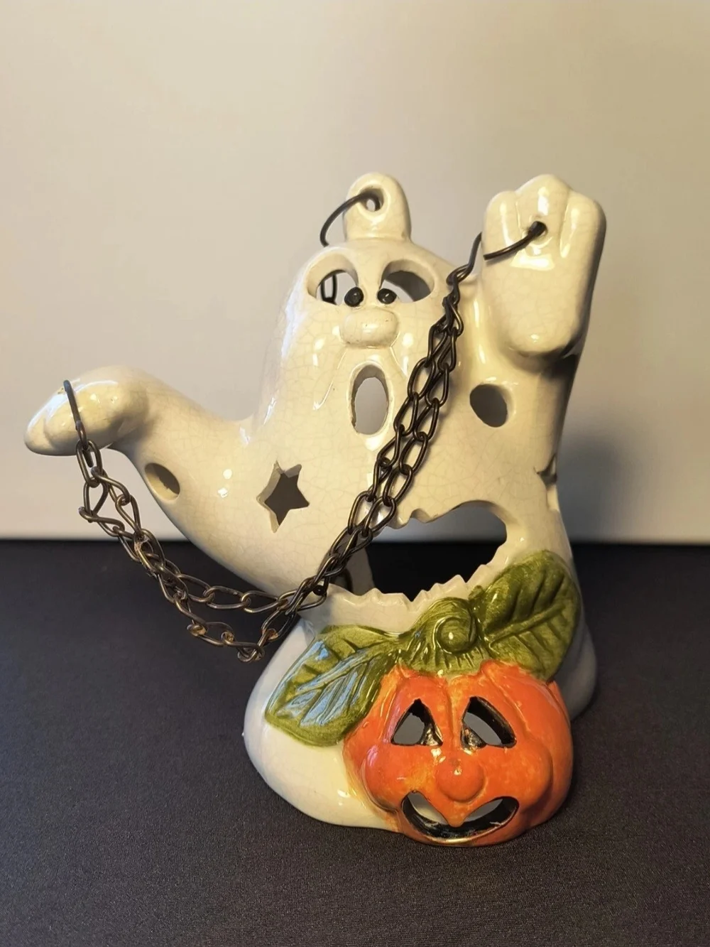 Ceramic Halloween Ghost Lantern with Orange Pumpkin Accent